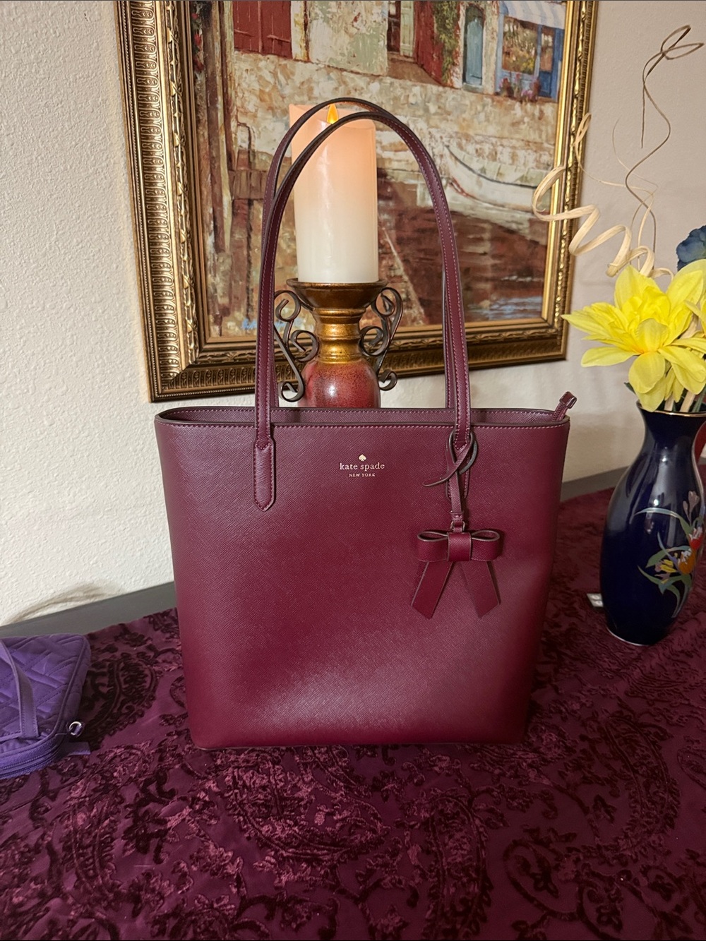 kate spade burgundy leather tote shoulder bag with bow